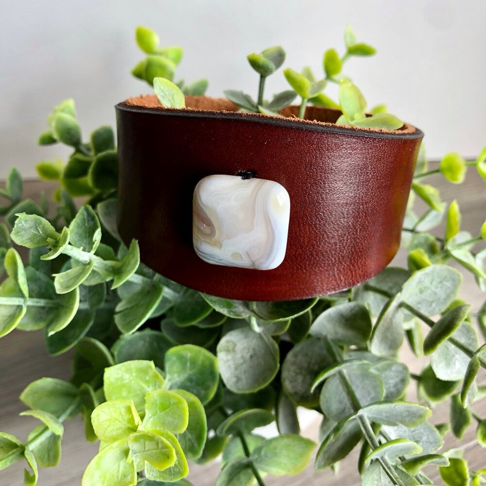 Handmade MishaGirl Leather Cuff Bracelet, White Agate Stone Bead